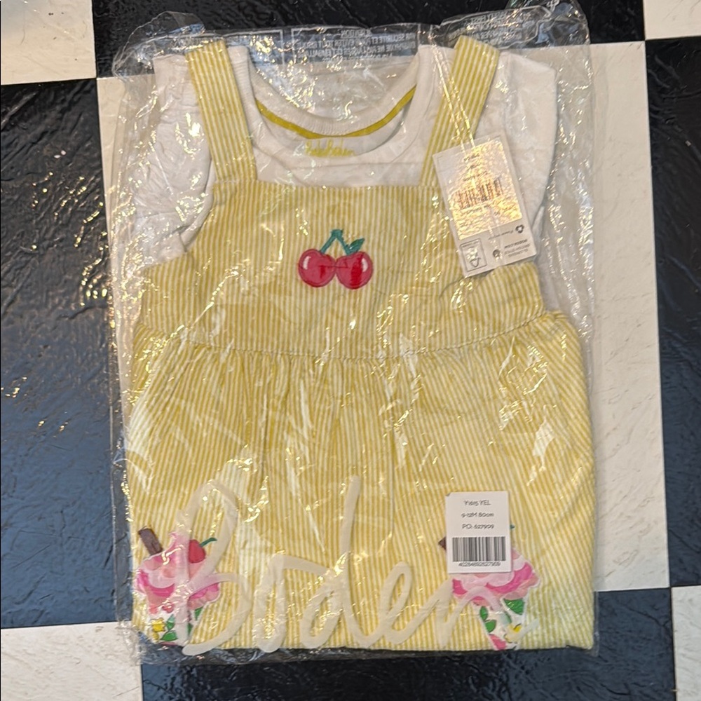 NEW Never worn Boden Yellow Striped Kids Dress with Cherry Ice Cream Design
